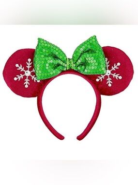 Disney Parks Christmas Minnie Ears Red Snowflake Green Sequin Bow 🎄